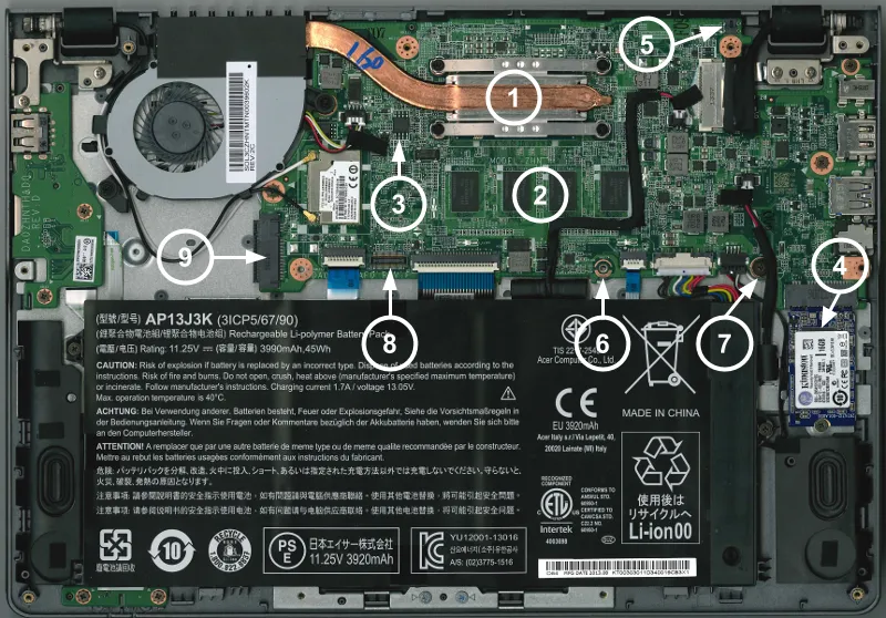 Chromebook C720 motherboard showing different screws and components. The screw I had to remove is marked with a 7