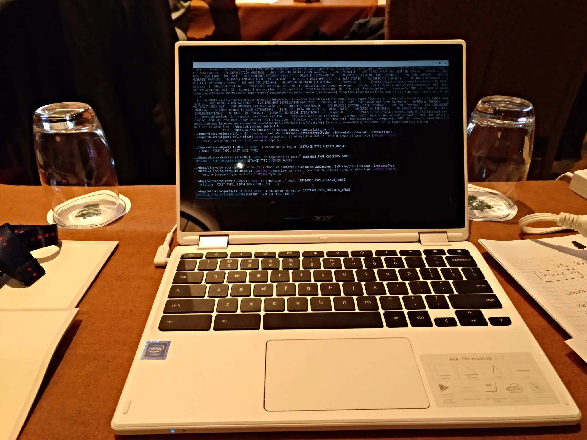 The R11 chromebook compiling Node.js at NodeCONF EU 2018