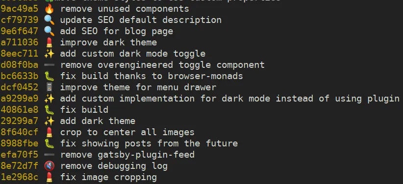Log de git con commits precedidos de un emoji