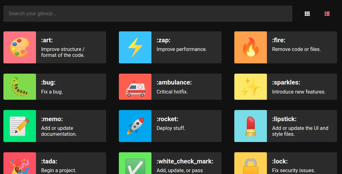 Captura de pantalla del buscador de la web de gitmoj