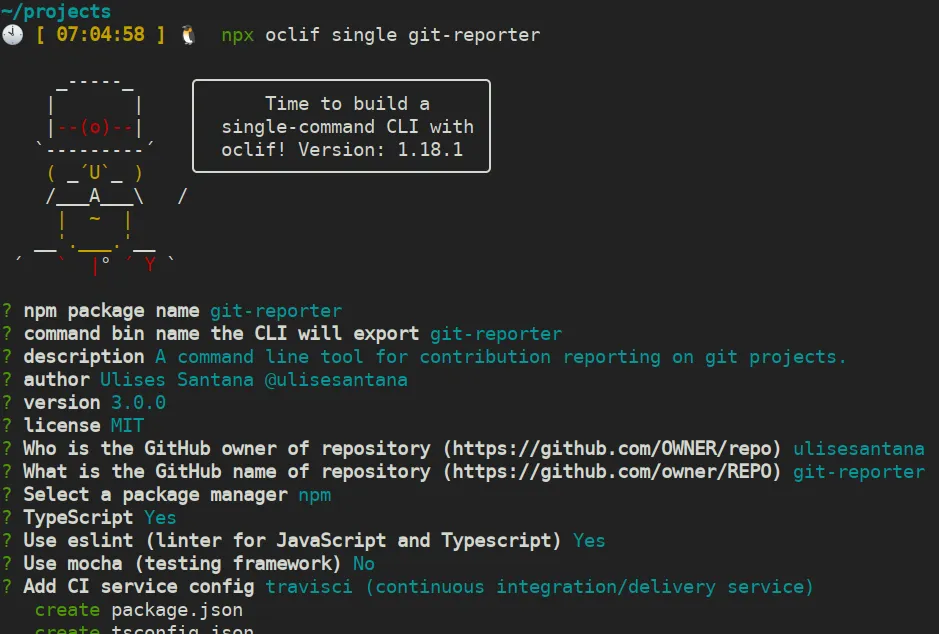 Captura de pantalla de cómo genera oclif un cli de un sólo comando