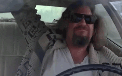 GIF of The Dude in the Big Lebowski celebrating in his car