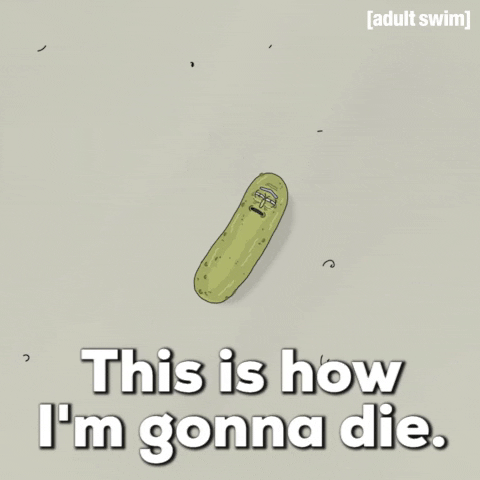 GIF of Pickle Rick about to die of heat stroke
